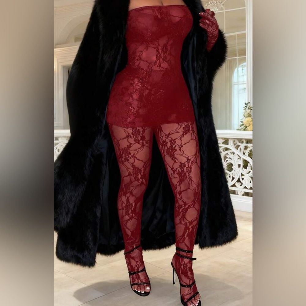 Elegant Red Lace Dress with Matching Tights
